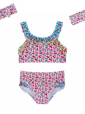 Andy & Evan Pink Cherry Print Two-Piece Swim Set with Blue Ruffle